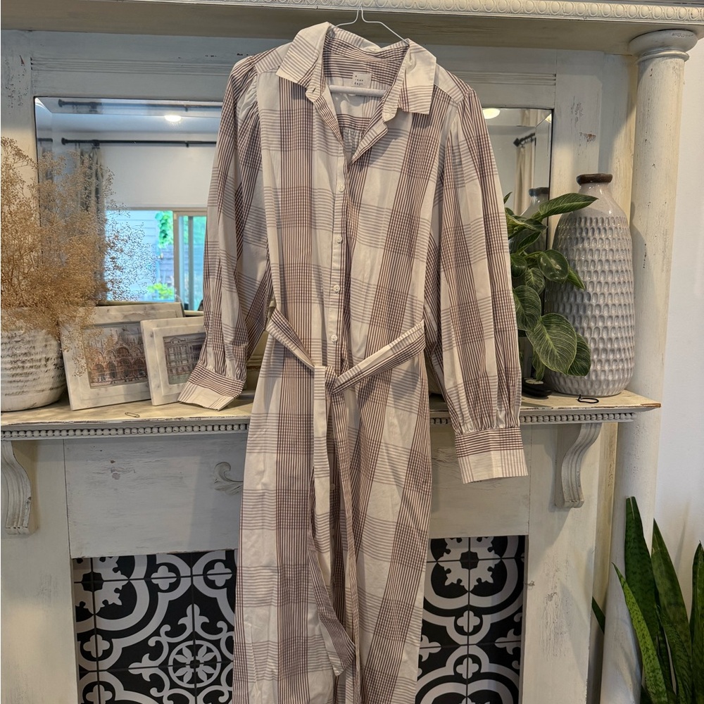 a new day Cream and Brown Plaid Midi Shirt Dress